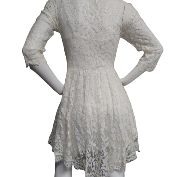 Free People Cream Floral Pattern Lace Dress Size 8 Skater Girl Lined Half Sleeve - Picture 3 of 11